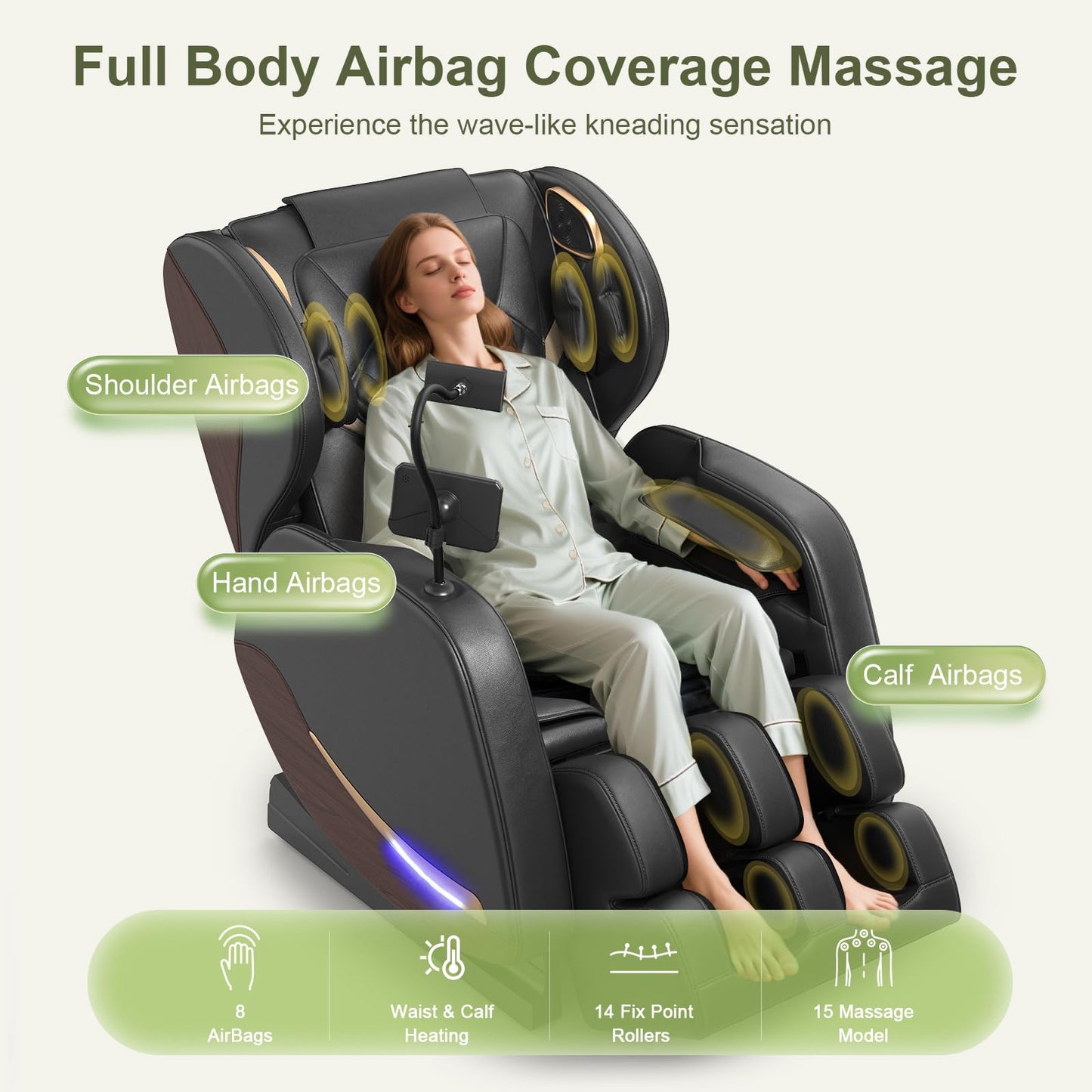 Yewglen Ganzkörper-Massagesessel mit Wärme, Airbags & 14 Massage-Rollen
