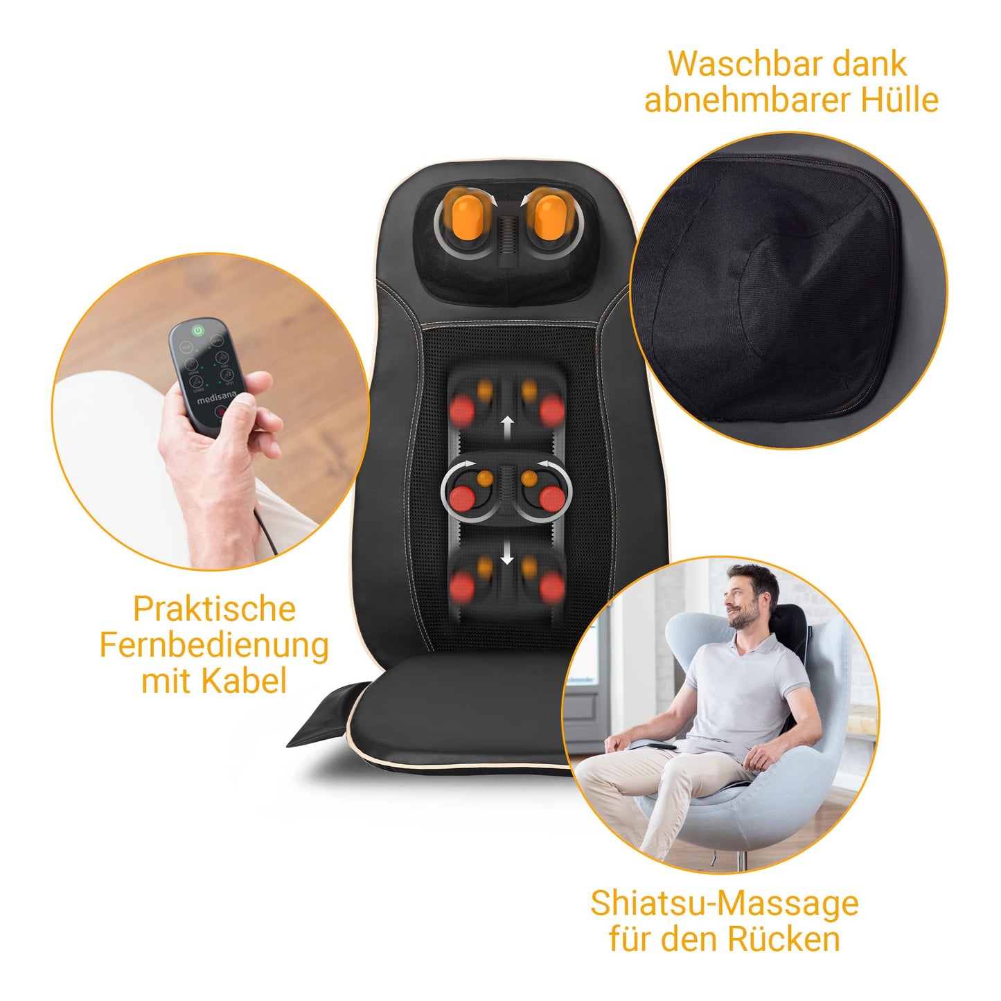 Medisana MCN Shiatsu Massagesitzauflage mit Wärme & 3 Intensitäten für Rücken & Nacken
