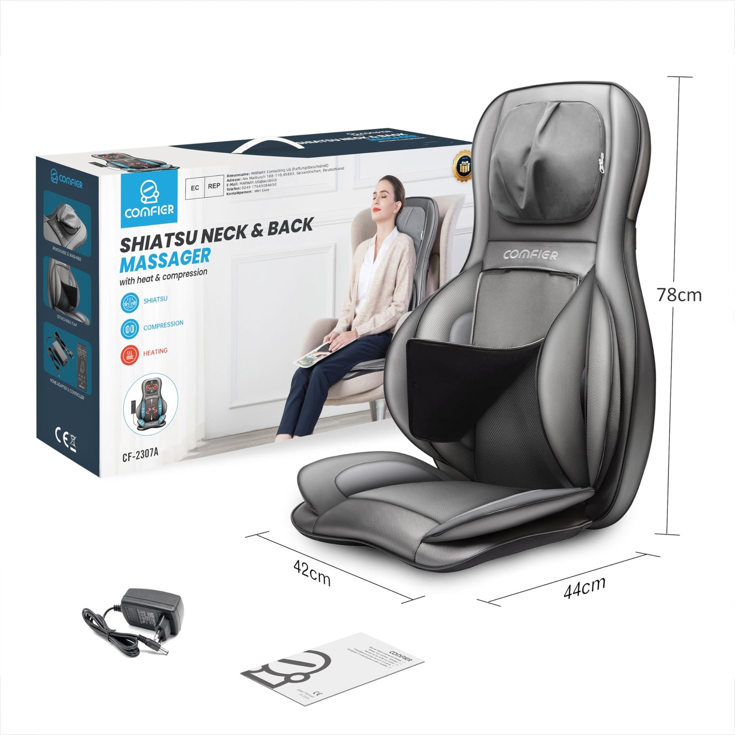 COMFIER Shiatsu Massagesitzauflage mit Wärme für Rücken, Nacken, Schultern & Oberschenkel