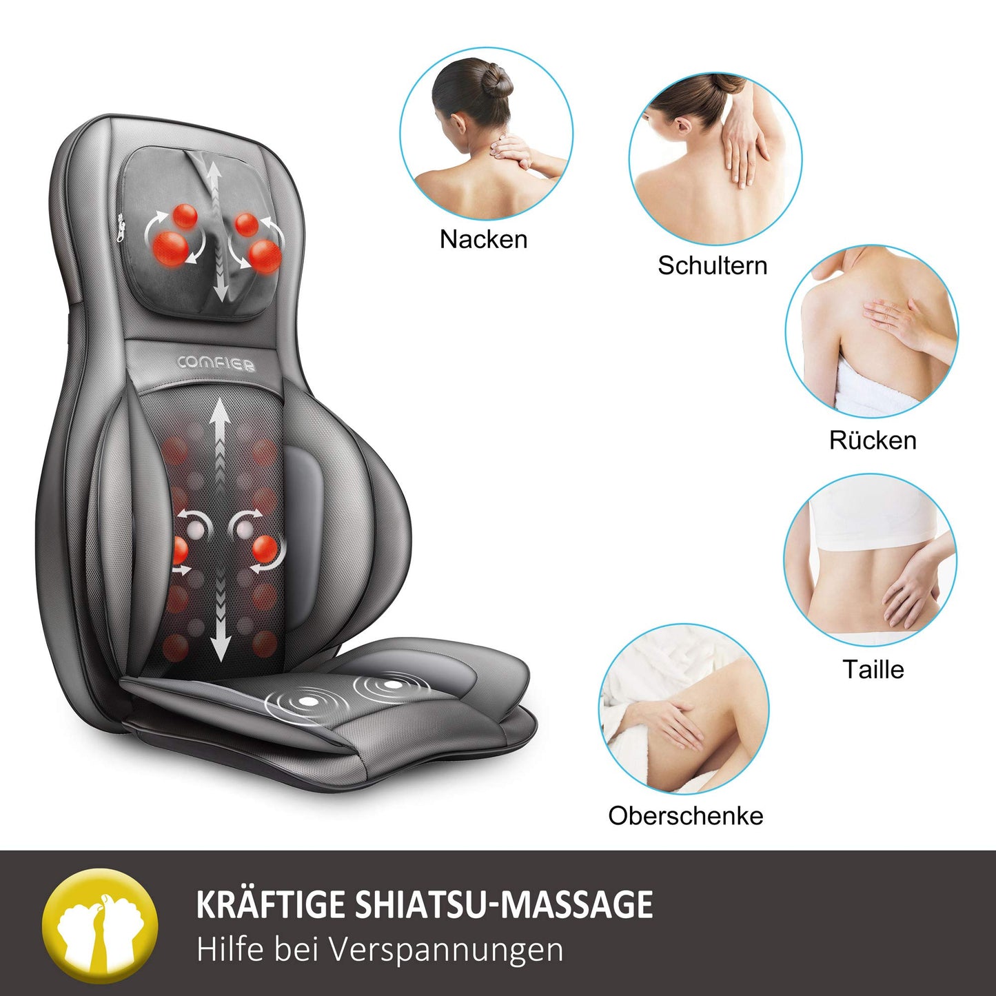 COMFIER Shiatsu Massagesitzauflage mit Wärme für Rücken, Nacken, Schultern & Oberschenkel