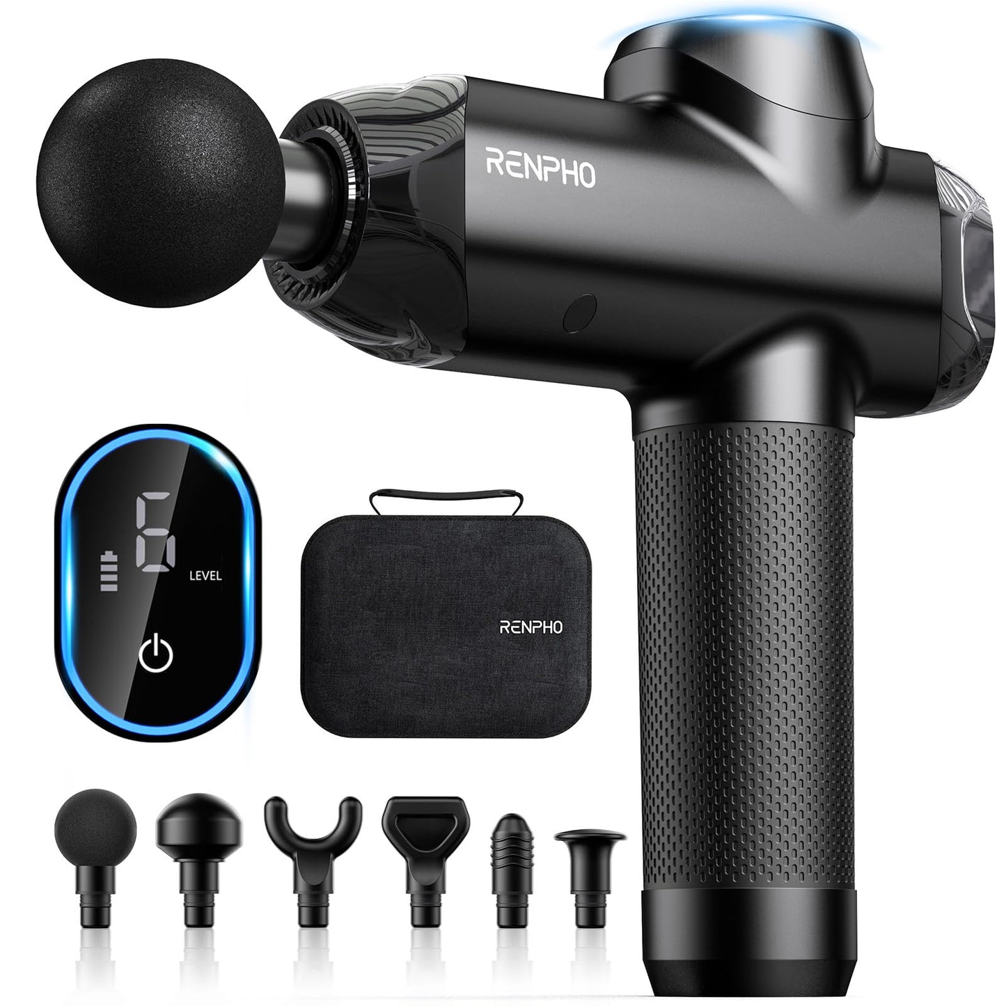 RENPHO R3 Massagepistole 12mm Amplitude, 6 Köpfe, LED Touchscreen & USB-C
