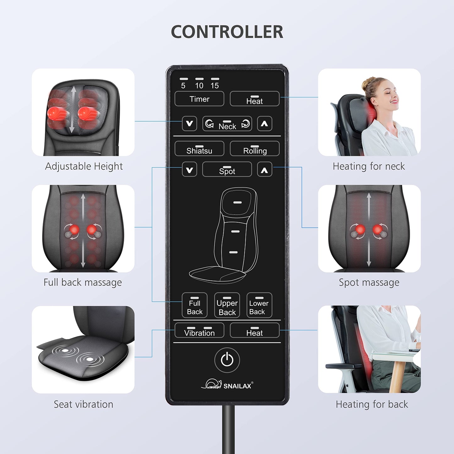 Snailax Shiatsu Massagesitzauflage mit Wärme & Vibration für Rücken & Gesäß
